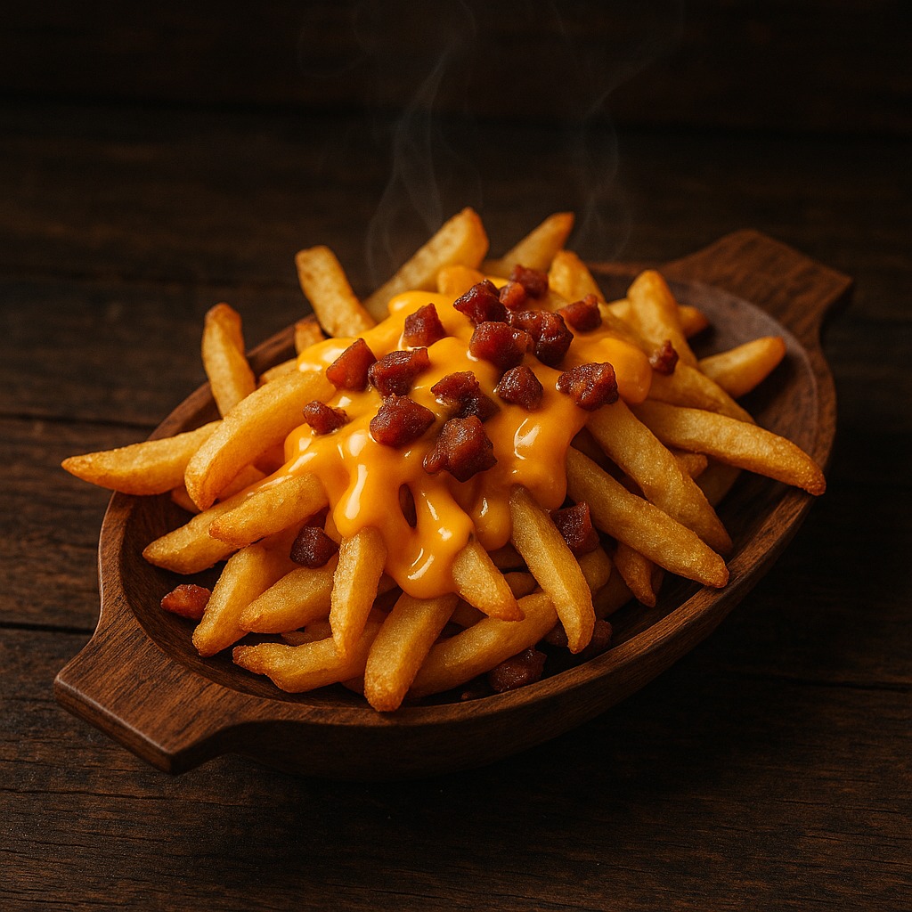 Porção de batata frita com cheddar e bacon